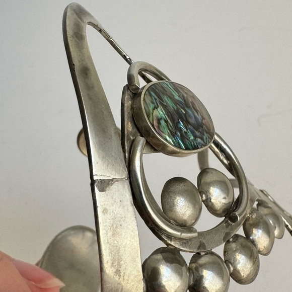 Vintage Abalone Shell Bracelet Artisan Freeform Silver Large Cuff MCM Modernist - Picture 9 of 16